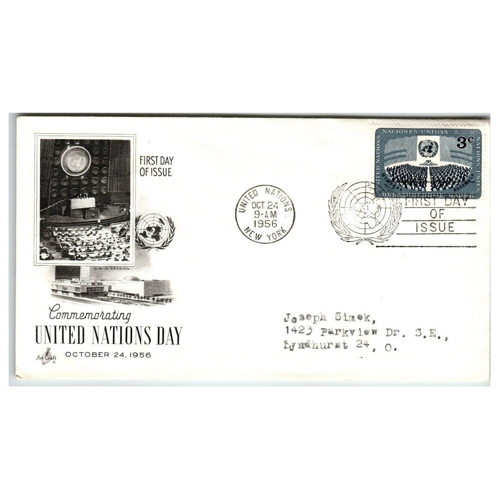 Scott #1100 1956 United Nations Day Stamp First Day Cover FDC Artcraft